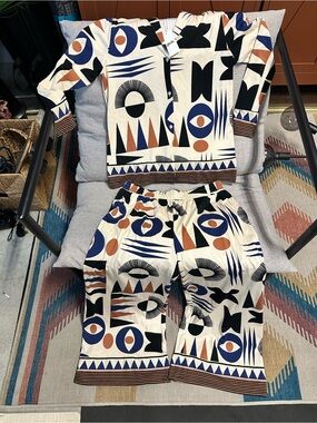 Abstract Geo-Print Women's Pajama Set - Cream, Navy & Rust